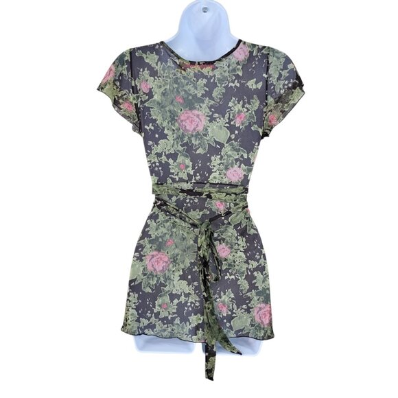 Vintage DKNY Top Blouse Floral Mesh Size XS Chiffon semi sheer alt Tie Waist - Picture 5 of 8
